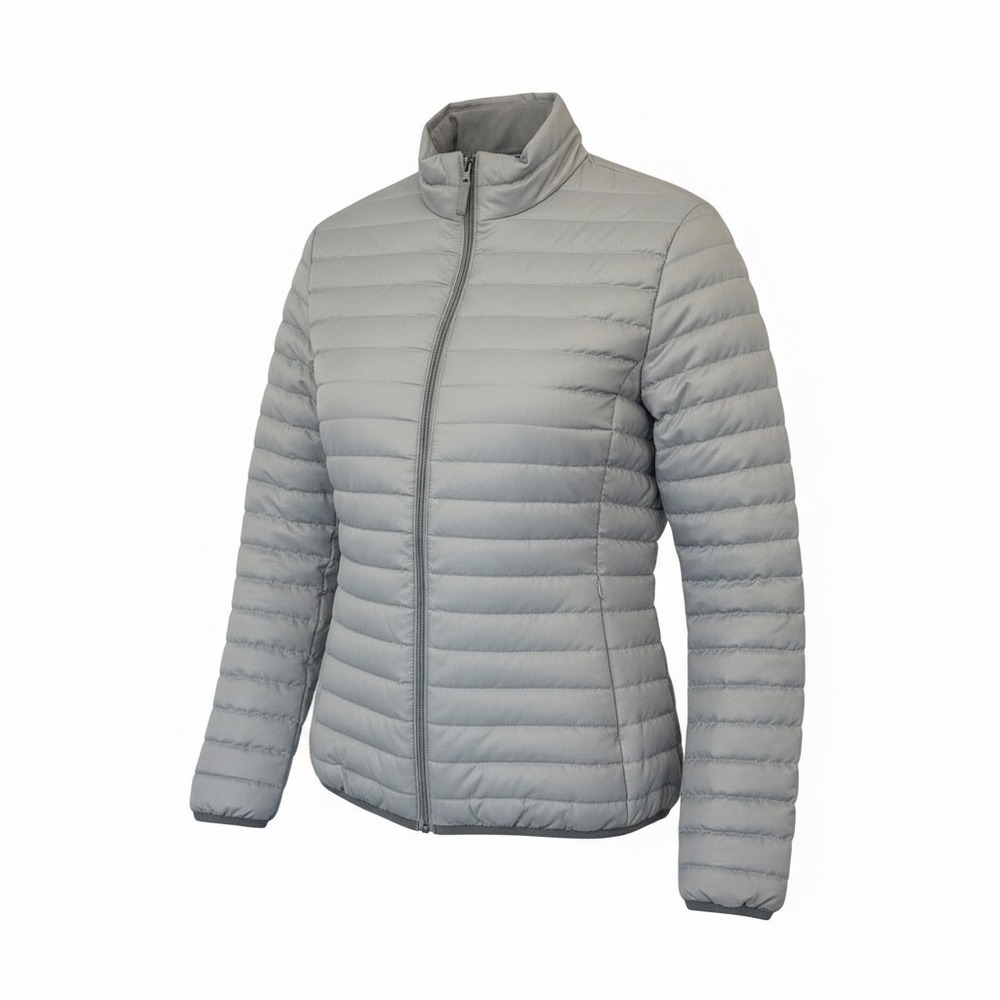 Eddie Bauer EB700 Down Puffer Jacket Womens Medium Light Gray Quilted Full Zip